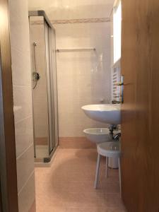 ein Bad mit einer Dusche, einem Waschbecken und einem WC in der Unterkunft Albergo La Bicocca in Paneveggio
