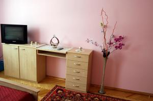 a desk with a television and a vase with purple flowers at Cozy John's House in Vilnius