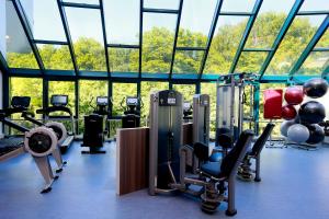 a gym with treadmills and exercise equipment in front of windows at Sanadome Hotel & Spa Nijmegen in Nijmegen