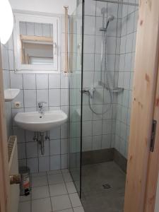 a bathroom with a glass shower and a sink at Wiehenkrug in Lübbecke