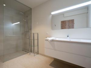 W łazience znajduje się prysznic, umywalka i lustro. w obiekcie Charming Apartment in Gosau with shared Sauna w mieście Gosau