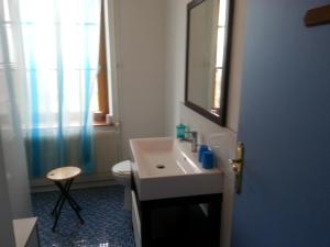 een badkamer met een wastafel, een toilet en een spiegel bij Ferme du Montheu in Dommartin-sous-Amance