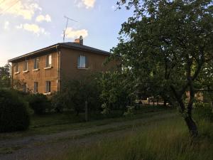 ein Backsteinhaus mit einem Baum davor in der Unterkunft Apartaments Selga in Roja