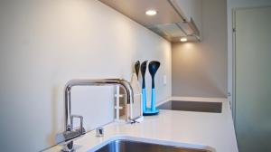 a kitchen counter with a sink and a faucet at In Swiss Home - Barfüsserplatz BAR street Apartment in Basel