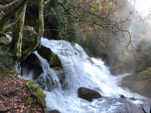 a waterfall in the middle of a river at Hostal Les Fonts in Castellar de NʼHug