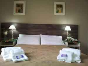1 dormitorio con 1 cama grande y toallas. en Plaza Hotel en Salta