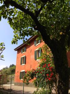 un edificio con flores rojas delante de un árbol en Corte Clocego, en Verona