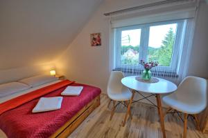 1 dormitorio con 1 cama y 1 mesa con sillas en Apartament Biały Dom en Polańczyk