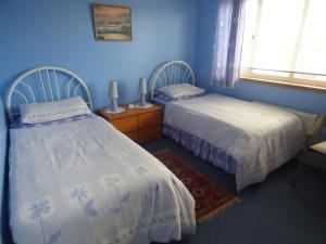 2 camas en un dormitorio con paredes azules en Fantasia, en Leven