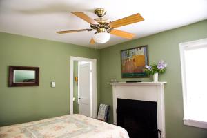a bedroom with a ceiling fan and a fireplace at Hopkins Ordinary Bed, Breakfast and Ale Works in Sperryville