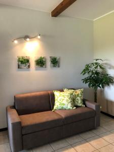 a brown couch in a living room with a plant at Appartamento Rosegarden in Pescantina