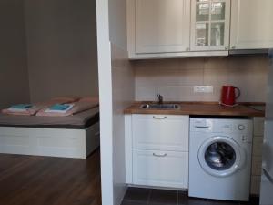 ブダペストにあるDob15 Small Apartmentのキッチン(ベッド1台、洗濯機付)
