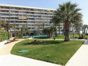 eine Palme vor einem großen Gebäude in der Unterkunft ESTUDIO EN 1a LINEA in Torremolinos