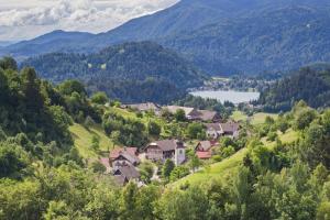 a village in a valley with a lake and mountains at Apartments Koledniki in Bled
