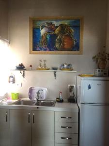 a kitchen with a sink and a refrigerator at Stefanel View-Frederika in Himare