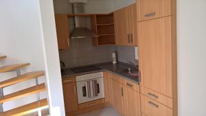 a small kitchen with wooden cabinets and a sink at AS-Ferienwohnung in Korbach