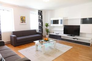 a living room with a couch and a tv at 3 rooms Sunny Apartments-Schoenbrunn, 100m2 with balcony in Vienna