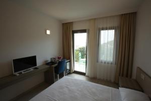 Habitación de hotel con cama, TV y ventana en Aria Doria Otel en Datca