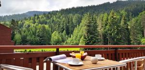 einen Tisch auf einem Balkon mit Waldblick in der Unterkunft Hotel Yastrebets Wellness & Spa in Borowez
