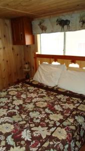 a bedroom with a large bed with a patterned blanket at Cedar Pines Resort in South Lake Tahoe