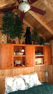 a bear sitting on top of a wooden cabinet at Cedar Pines Resort in South Lake Tahoe