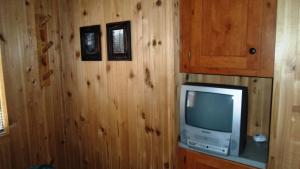 a television in a room with wooden walls at Cedar Pines Resort in South Lake Tahoe