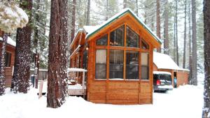 a wooden cabin in the woods in the snow at Cedar Pines Resort in South Lake Tahoe