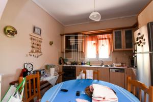 eine Küche mit einem blauen Tisch und einem Kühlschrank in der Unterkunft Summer House Toula in Nea Kallikratia