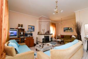 uma sala de estar com um sofá e uma televisão em Summer House Toula em Kallikrateia