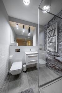 シュチルクにあるApartament Pod Lasemのバスルーム(トイレ、洗面台、シャワー付)