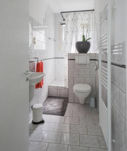 a white bathroom with a toilet and a sink at Im Reuter in Sinsheim