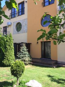 a house with a christmas tree in the yard at Vila Patricia in Eforie Nord