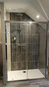La salle de bains est pourvue d'une douche avec une porte en verre. dans l'établissement Domaine du Carouge, à Lirey
