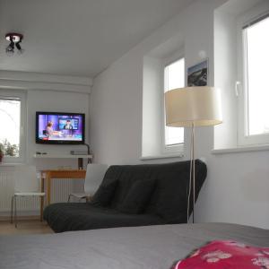 uma sala de estar com um sofá e uma televisão em Apartment Red Tree em Vrchlabí