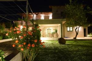 un jardín por la noche con flores en el patio en Villa Magoula, en Esparta