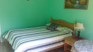 a bed in a room with a green wall at Otentik guesthouse in Mbabane