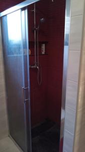 a shower with a glass door in a bathroom at Random Room in Zagreb