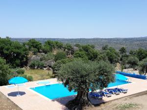 uma piscina com uma rvore e guarda-sis azuis em Cidadelhe Rupestre Turismo Rural em Cidadelhe