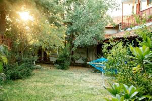 a yard with a blue rake in front of a house at Assos Terrace Hotel in Behramkale