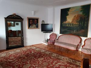 uma sala de estar com 2 cadeiras e uma televisão de ecrã plano em Santino Apartment em Sibiu