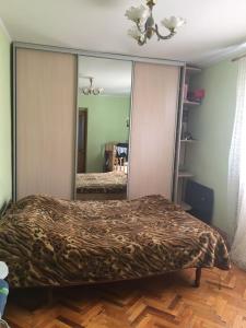 a bedroom with a bed and a large mirror at Apartment on Lakoba 60 in Novy Afon