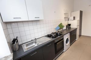 a kitchen with a sink and a washing machine at AVR Apartment HOF 1 in Bremerhaven