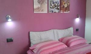 ein Schlafzimmer mit einer rosa Wand und zwei Kissen auf einem Bett in der Unterkunft Alma Bed & Breakfast 15 minuti da Bosa e comodo parcheggio in Sennariolo