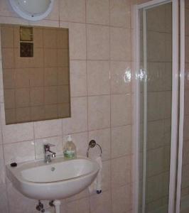 a bathroom with a sink and a shower at Bényei Fogadó Panzió és Étterem in Erdőbénye