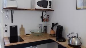 - un comptoir de cuisine avec évier et four micro-ondes dans l'établissement L'Etoile Filante et Constellations, à Wimereux