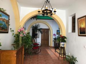 un pasillo con un arco con flores y plantas en La Posada De Carmen, en Níjar
