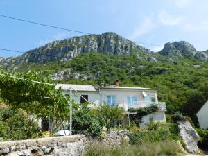 a white house with a mountain in the background at Apartment Varelija in Bribir