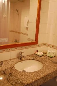 清邁的住宿－皇家蘭娜酒店，浴室的柜台设有水槽和镜子