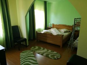 Un dormitorio con una cama, una silla y una ventana en Pensiunea Ramona, en Cărpinişu