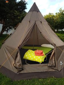 a camping tent with a bed in the grass at Eternahof in Bad Gandersheim